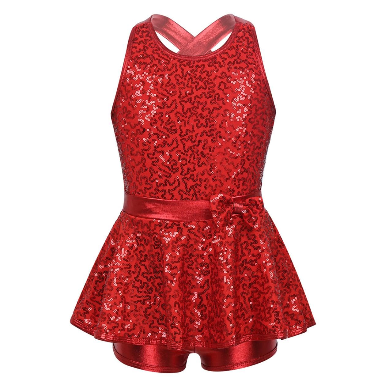 Kids Girls Jazz Modern Tap Dancewear Sleeveless Sequined Criss Cross Back Waist Bowknot Ballet Dance Leotard Dress 10-12 Years red