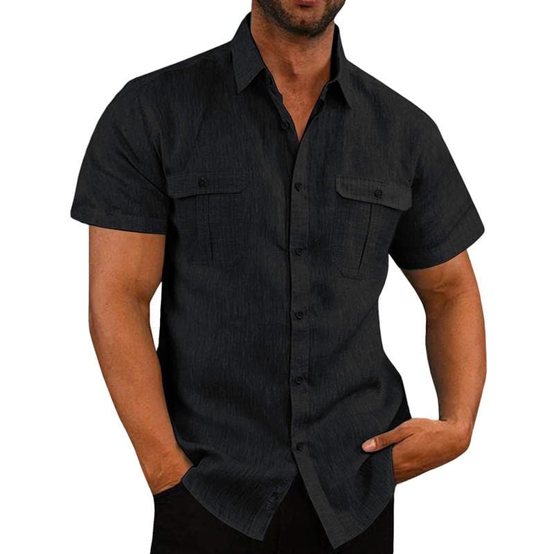 Summer Cotton Linen Casual Shirts Men Short Sleeve Solid Color Turn Down Collar Shirt Mens Breathable Beach Style Blouse 5XL L black