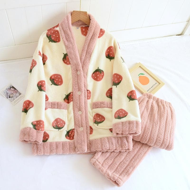 Autumn and Winter New Women's Pajamas Set Flannel Thickened Warm Simple Long-sleeved Trousers Two-piece Home Service Large Size XL