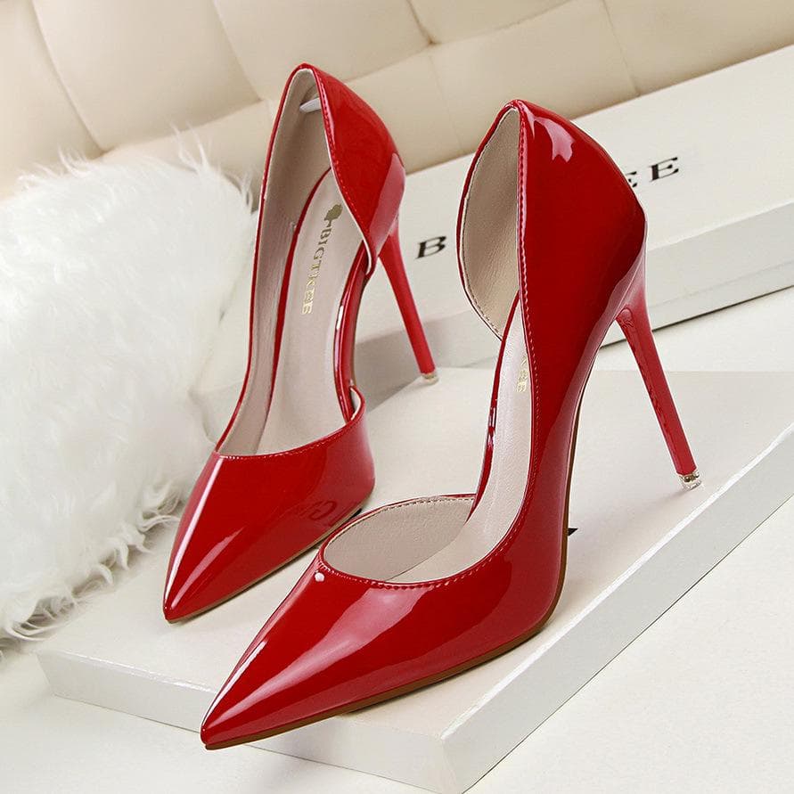BIGTREE Fashion Simple Fine Heel 10.5cm High Heel Patent Leather Pointed Sexy Thin High Heel Single Shoe 40 red