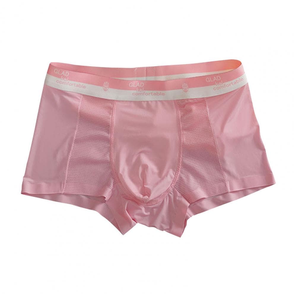 Men Boxer Underwear Mid-rise Elastic Waist Letter Print Mesh Stitching Shorts Briefs Ultra-thin Ice Silk Seamless Panties XL pink