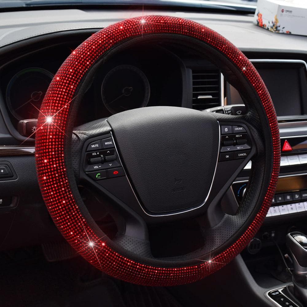 38cm Bling Rhinestones Steering Wheel Cover for Women Girl with Crystal Diamond Sparkling Car SUV Breathable Anti-Slip Universal Steering Wheel Covers red
