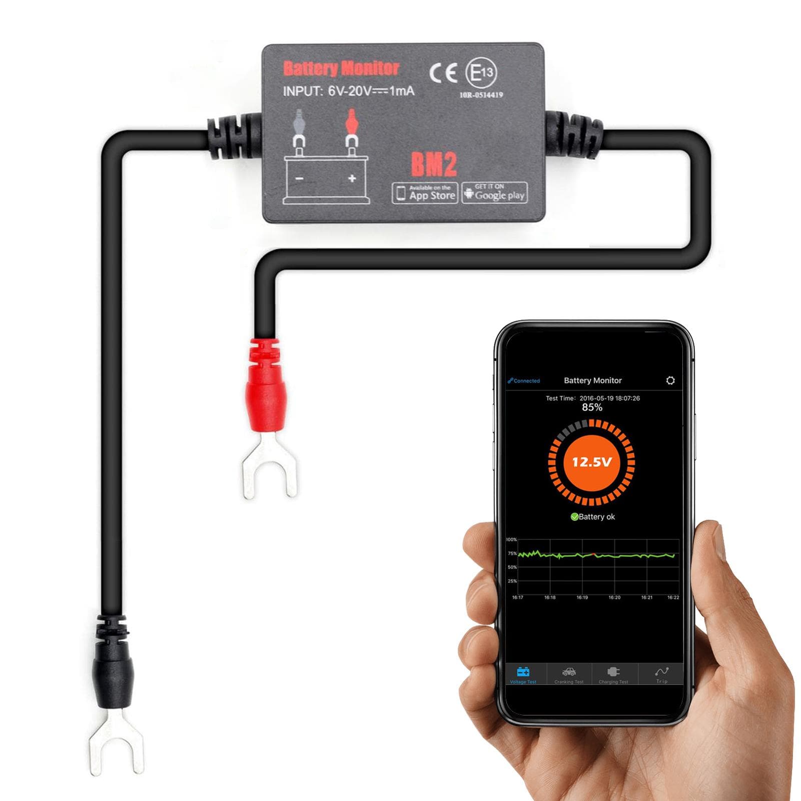 BT4.0 6~20V Input Voltage Battery Monitor Automobile Battery Monitor Tool Diagnostic Tools Connect multicolour