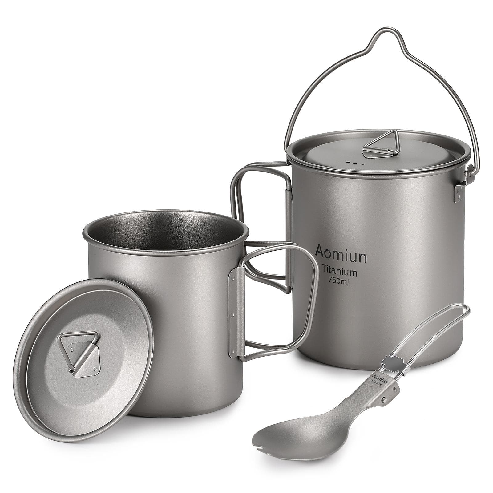 Aomiun Lightweight Titanium 3 Pieces Set Titanium 750ml Pot 350ml Water Cup Mug with Lid 750ML Pot & 420ML Cup & Spork