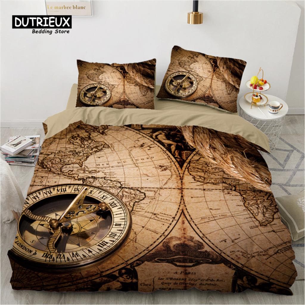 Compass Duvet Cover Vintage World Map Bedding Set Nautical Compass On Background Old Map Comforter Cover For Kids Adults Decor EU single(135x200cm)