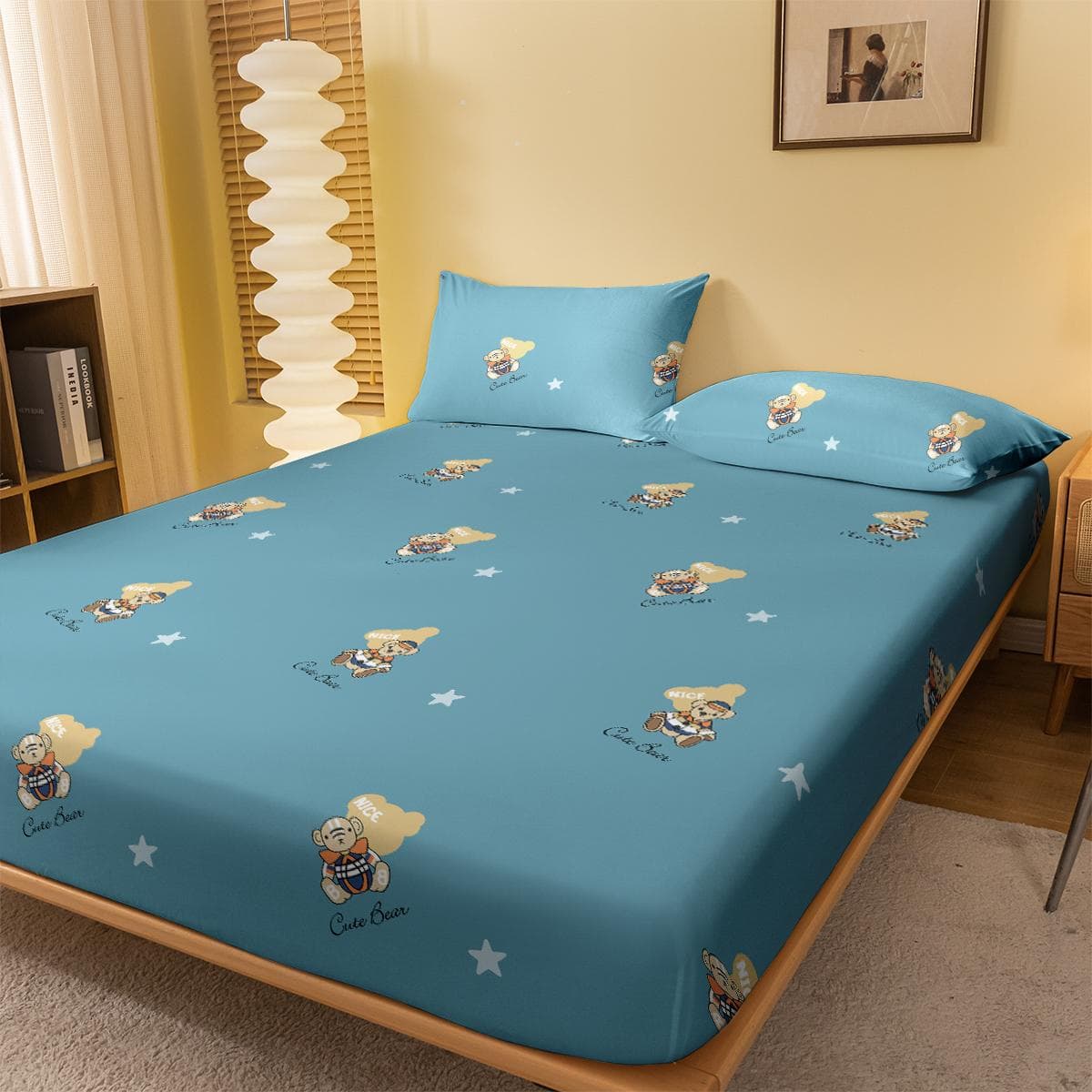 1 Cartoon Cute Animal Bear Printed Matte Fitted Sheet, Bedroom Printed Bed Cover, Bedding (Excluding Pillowcases) 100x200cm