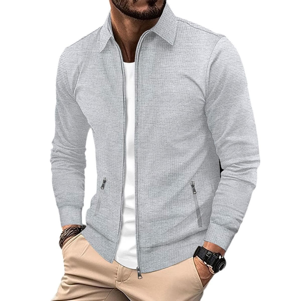 Jacket Men's Spring and Autumn Youth Waffle Zipper Pocket Lapel Slim Cardigan Men's Jacket Outer M