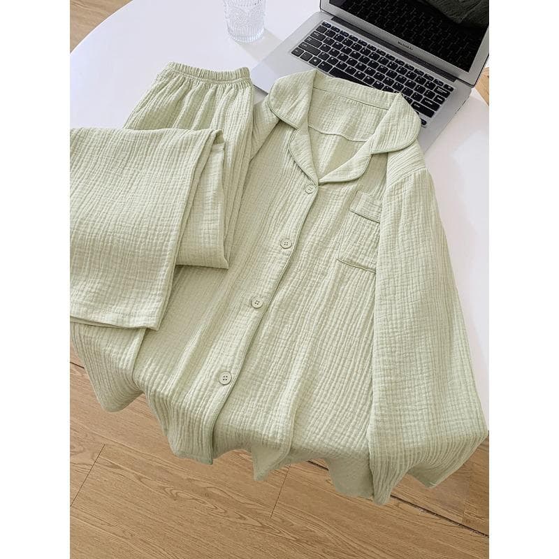 Korean Women's Pajamas Autumn Spring Long Sleeve Soft Sleepwear Set Gauze Cotton Solid Color Pyjama Woman Nightwear Set XL