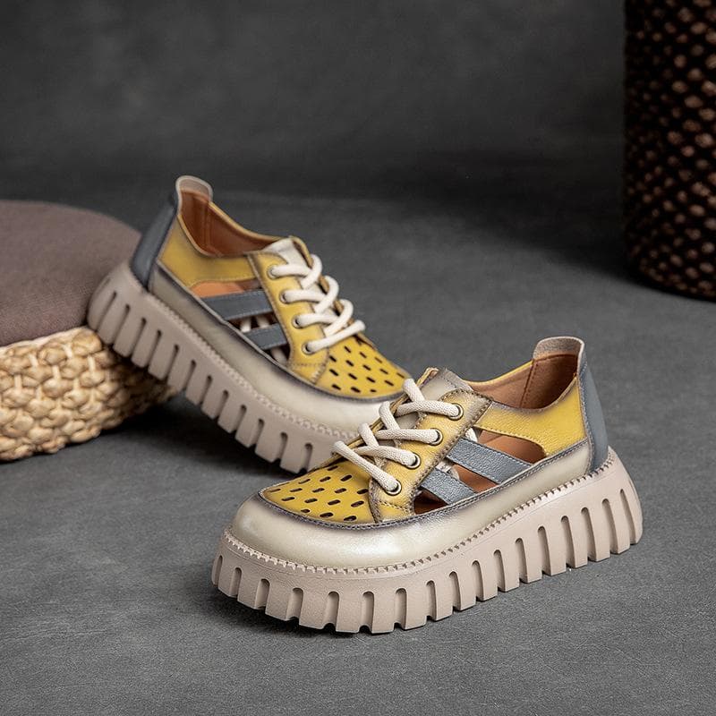 Johnature Thick Sole Mixed Colors Genuine Leather Retro Sandals Roman Style Lace-up Women's Flat Platform Shoes 38 yellow