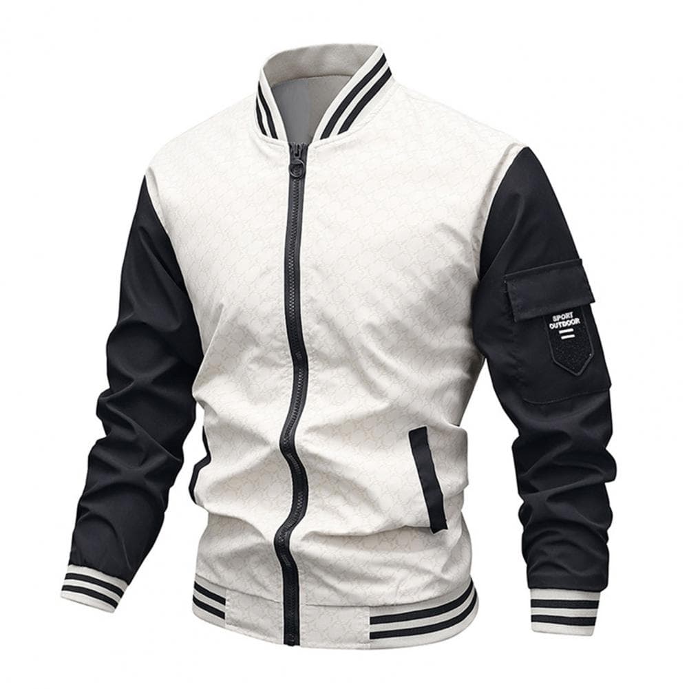 Casual Men Jacket Mid-aged Men's Zip-up Baseball Jacket with Stand Collar Contrast Color Design Plus Size Fit for Spring L white