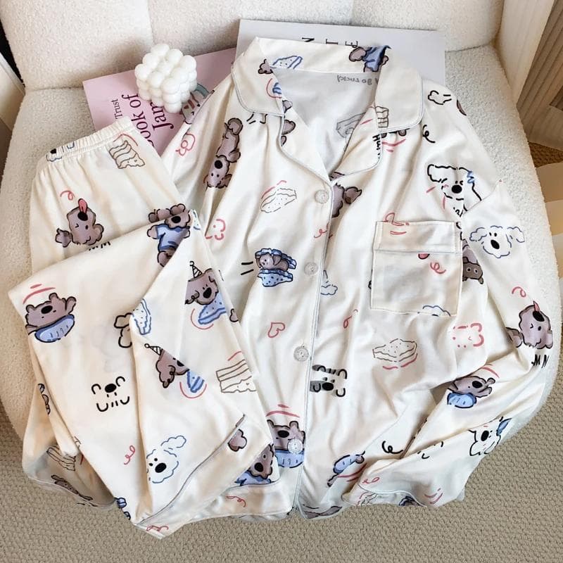 Cartoon Cute Happy Puppy Print Women's Pajamas Kawaii Sweet and Chic Pajamas New Autumn and Winter Milk Silk Pajamas XXL beige