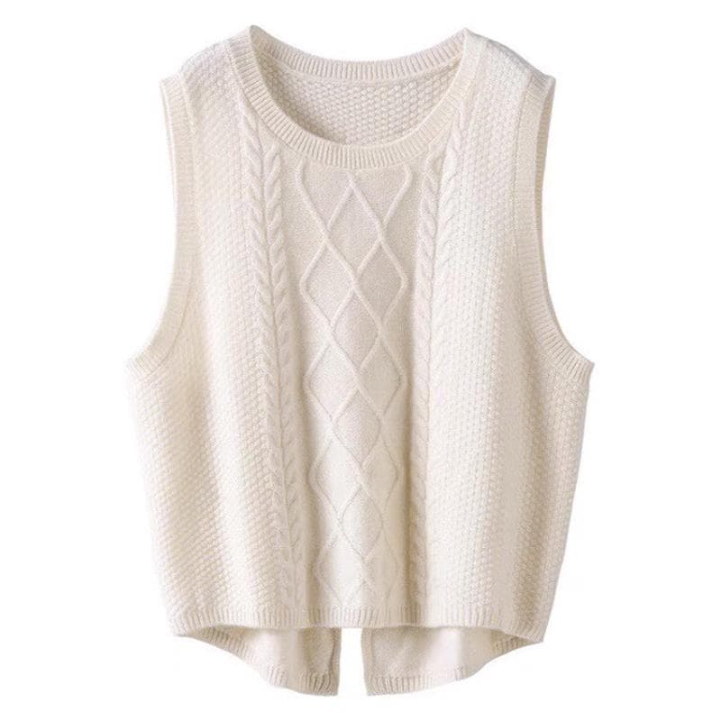 Women's Pure Woolen Round Neck Vest Chic Tuxedo Vest Autumn and Winter Sleeveless Vest Loose Short Split Knit Sweater XS beige