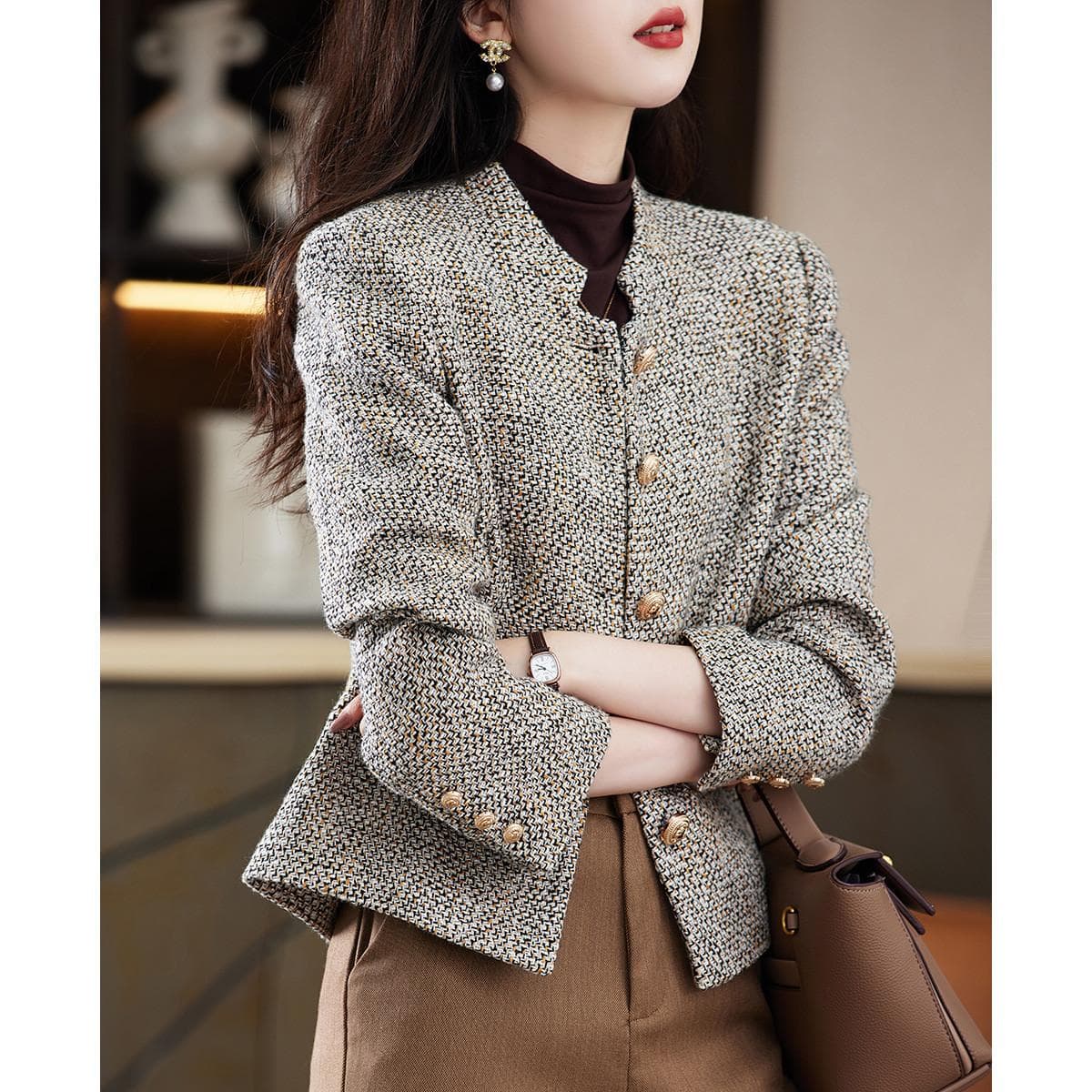 Jacket Autumn and Winter New Commuter Stand-up Collar Design Straight Long-sleeved Top Women 2XL light grey