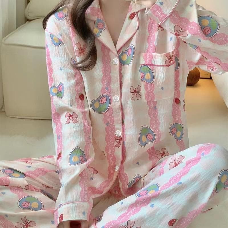 Sweet Young Girl Cloud Cotton Pajamas Sets Women Autumn Winter Long Sleeves Long Pants Cute Sleepwear Love Heart Pjs New Soft Pj 2XL