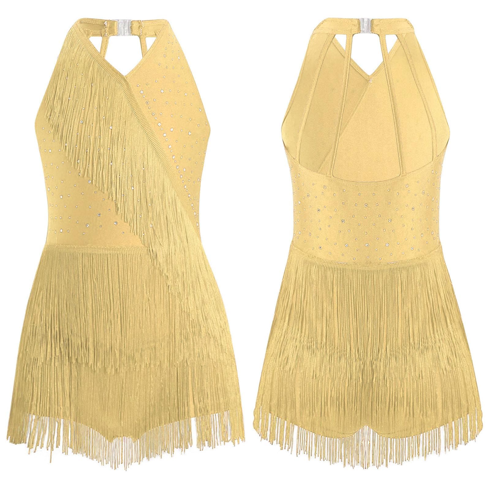 Kids Girls Latin Leotard Dress Dance Costume Rhinestones Fringe Bodysuit Skirted Dress Halter V-neck Sleeveless Tassel Jumpsuit 7-8 Years