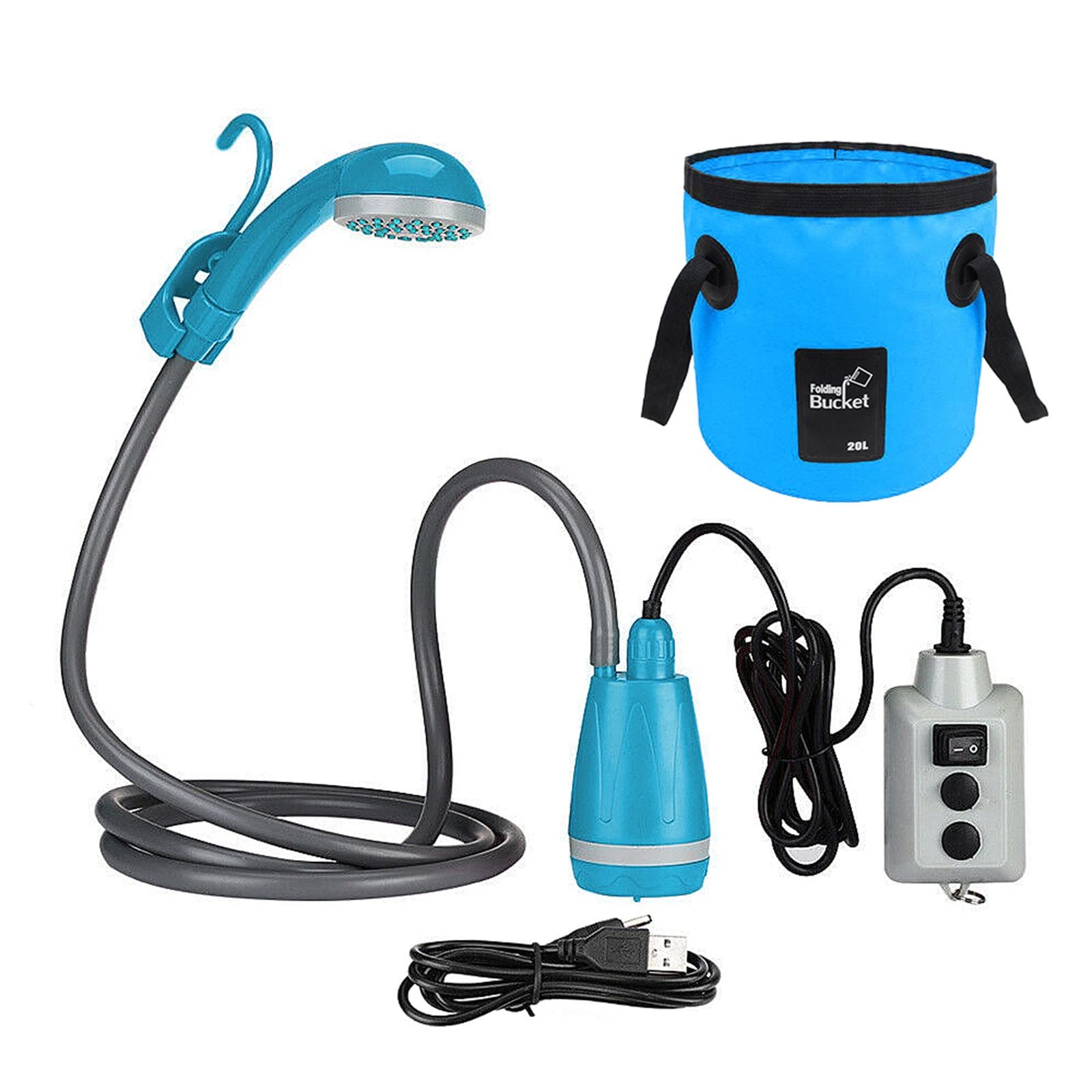 Outdoor Camping Shower Pump USB Rechargeable Shower Head with Folding Bucket for Camping Hiking Shower Pump with Collapsible Bucket blue