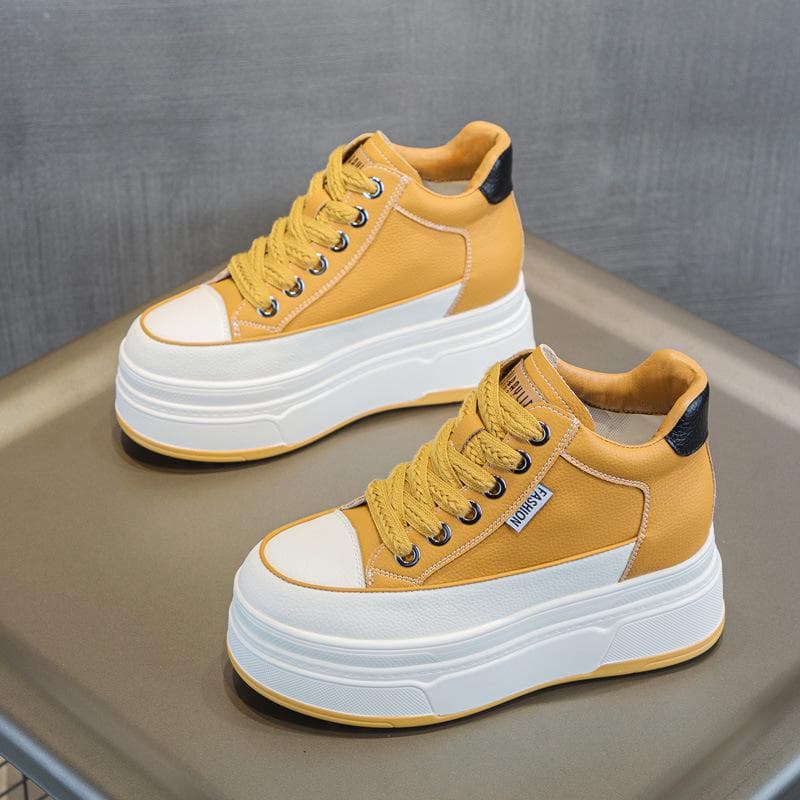 Cow Suede Genuine Leather Women Vulcanized Shoes Platform Wedge Skate Boarding High Brand Heels Casual Summer Shoes 40 yellow