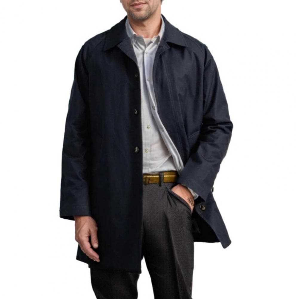 Men Windbreaker Lapel Long Sleeve Single Breasted Long Trench Coat with Pockets Solid Color Windproof Midi Coat L navy blue