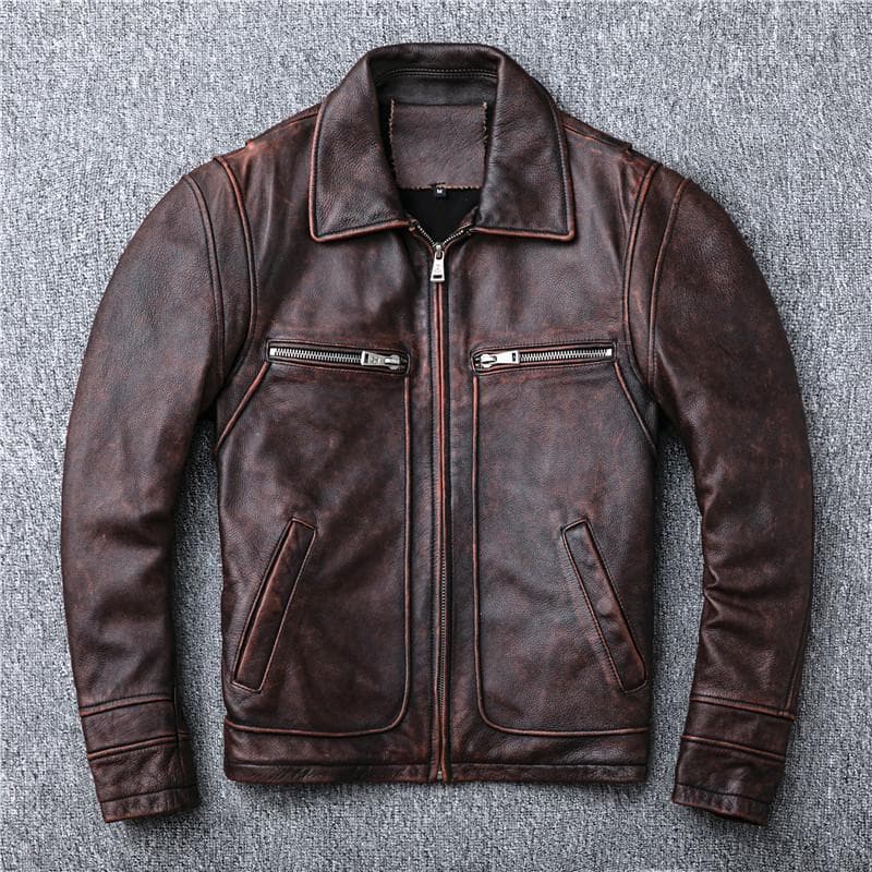 Distressed Motorcycle Retro First Layer Cowhide Genuine Leather Jacket for Men Lapel Leather Jacket XL brown