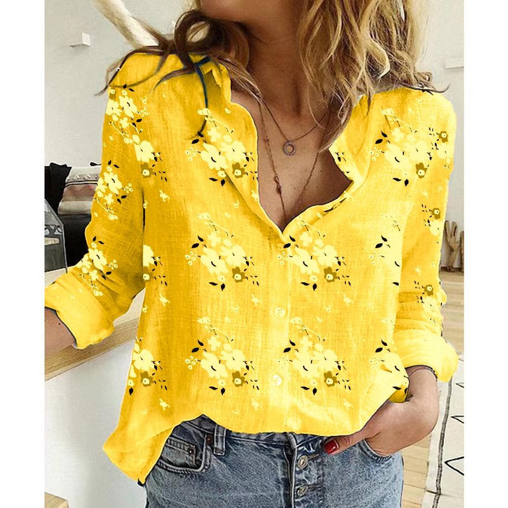 Plus Size 5XL Floral Print Blouse Lady Long Sleeve Cotton Linen Shirt Casual Lapel Button Up Blouse Spring Fall Women Top XXL yellow