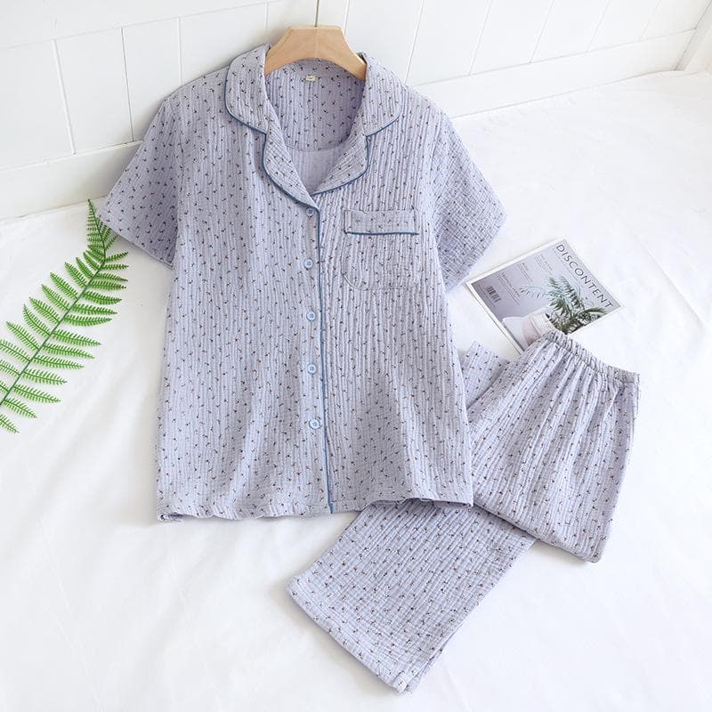 Spring and Summer New Women's Pajamas Short-sleeved Trousers Two-piece Set 100% Cotton Crepe Small Floral Simple Homewear Suit XL