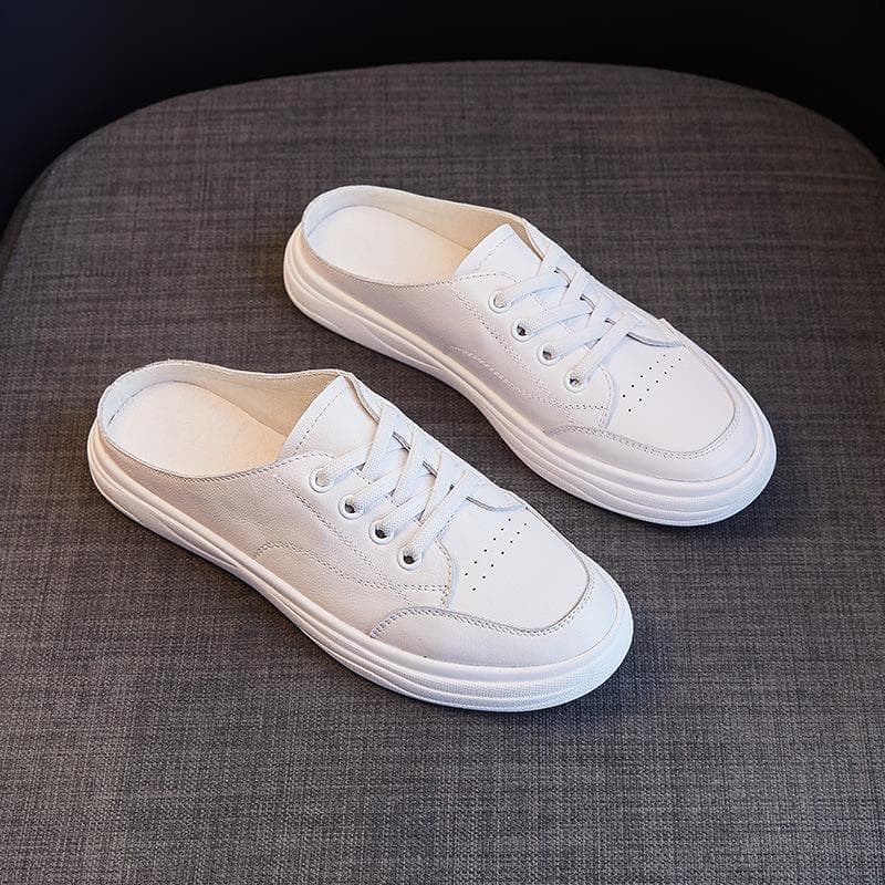 Genuine Leather Baotou Half-slippers Women's Outerwear Summer New Style Lazy Slip-on Soft-soled Half-slippers Small White Shoes 40