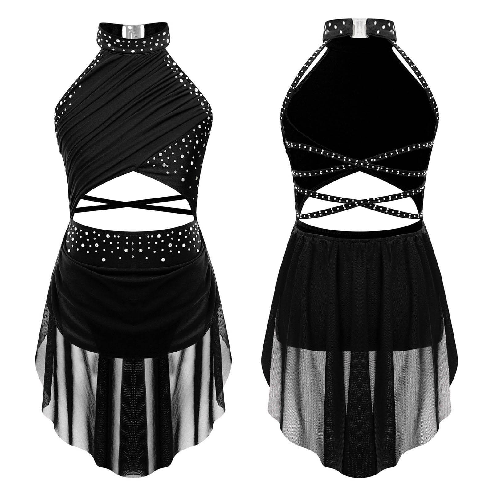 Kids Girls Lyrical Dance Performance Costume Glittery Rhinestone Cutout Strappy Backless Leotard Dress Sheer Mesh Overlay Mock Neck Dresses 15-16 Years black