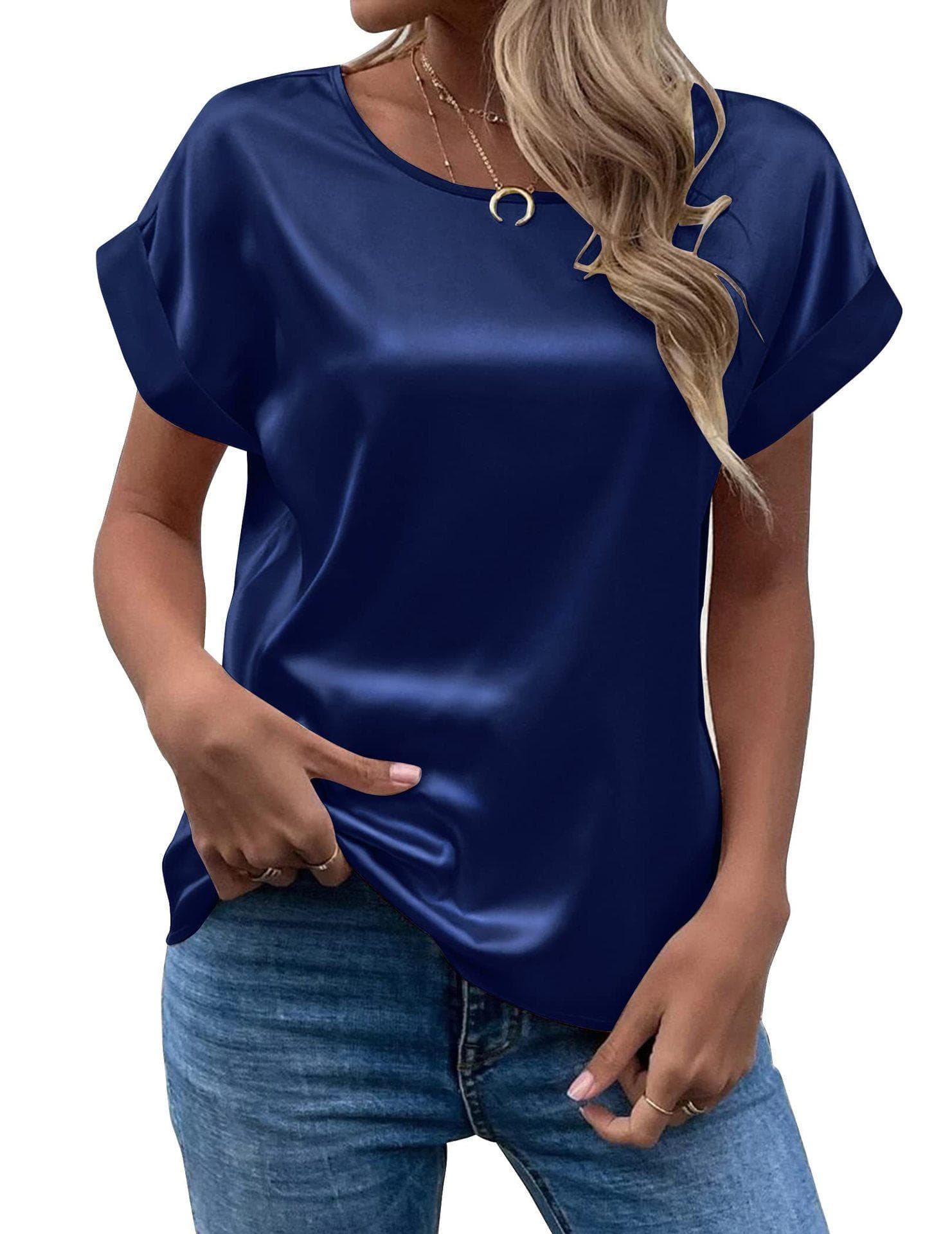 New Women's Short Sleeve Satin Shirt Loose Casual Round Neck Colored Ding T-shirt Women Spring and Summer L navy blue