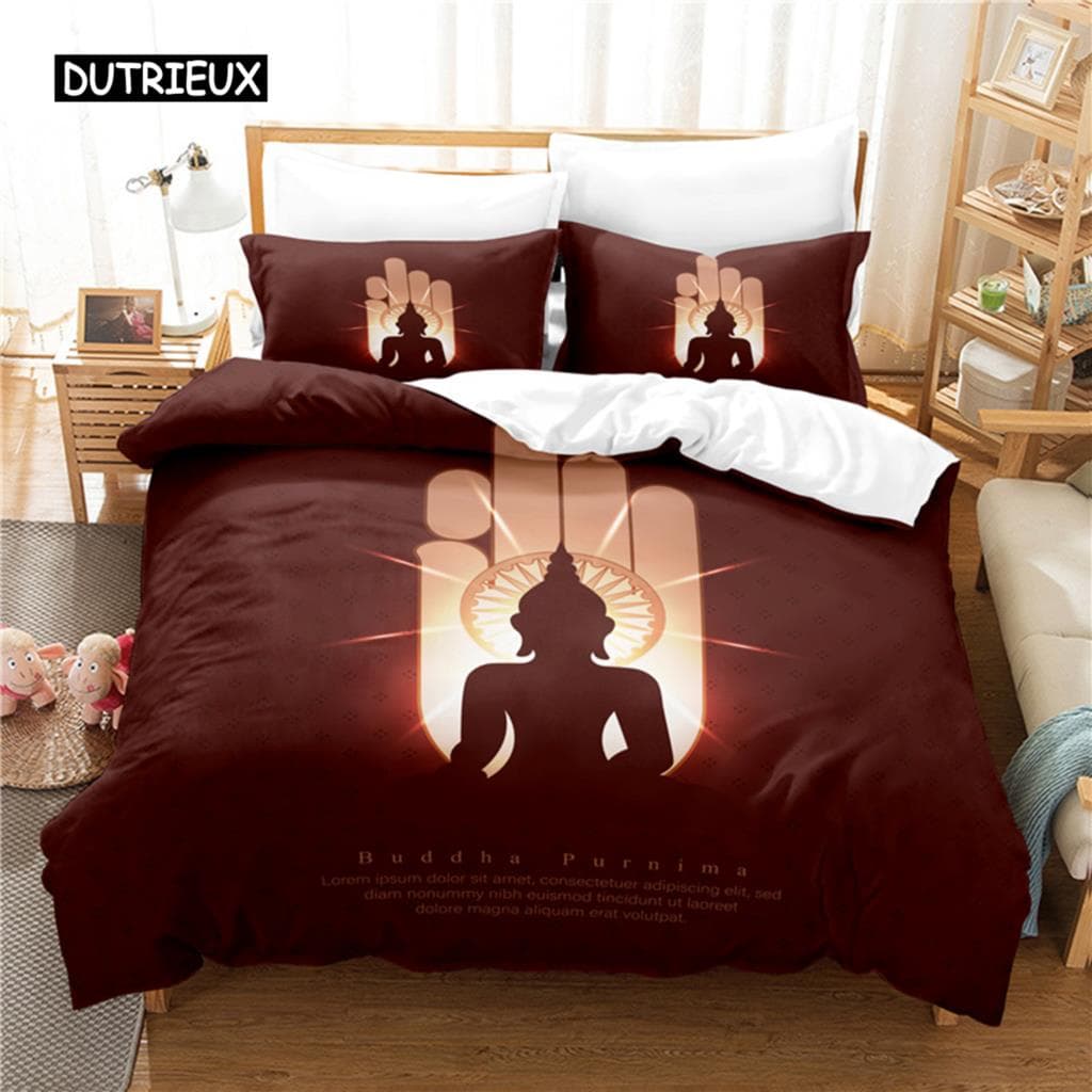 Buddha Duvet Cover Set King Size Golden Mandala Asian Culture Theme Bedding Set Microfiber Exotic Retro Style Comforter Cover AU Single(140x210cm)