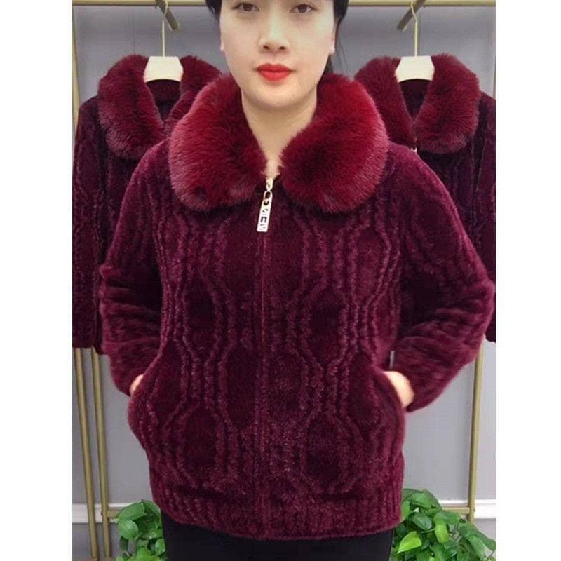 Women Knitted Cardigan Thicken Large Size Imitation Mink Velvet Sweater Coat Middle-Aged Mother Fur Collar Zipper Knit Jacket 2XL dark red