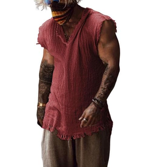 Men Tank Top Solid Color Male Garment Special Breathable V Neck Summer Vest Trendy Loose Type Ripped Edge L wine red