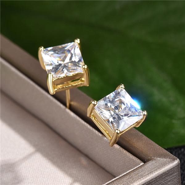 Simple Princess Cut Birthstone Yellow Gold Stud Earrings for Women and Men Wedding Ear Jewelry gold