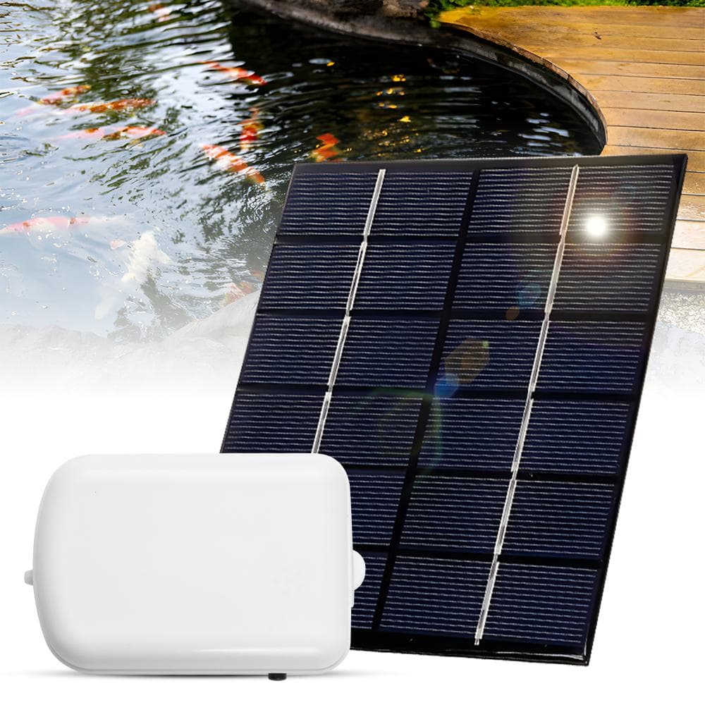Solar Pond Aerator with Air Pump 2000mA Backup Battery Aquarium Oxygen Aerator Air Pump with Pipe white