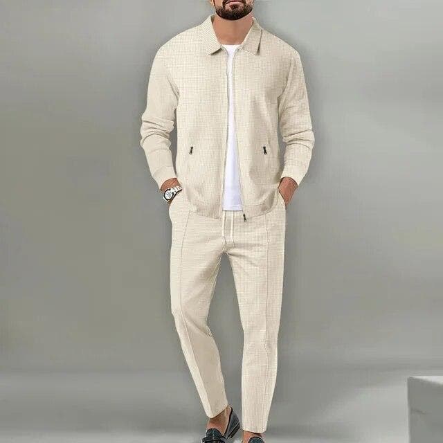 Men's Casual Waffle Two Piece Pants Sets Loose Lapel Zip-up Coats and Pants Sets for Mens Clothing Autumn Fashion Sets Male XL khaki