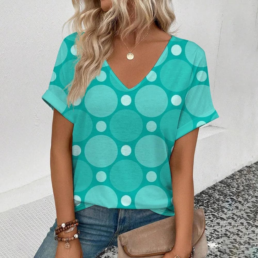 Summer Casual T-shirt Solid Color T-shirt Polka dot 3D Print T-shirt Fashion women's short sleeve T-shirt Women's V-neck XL