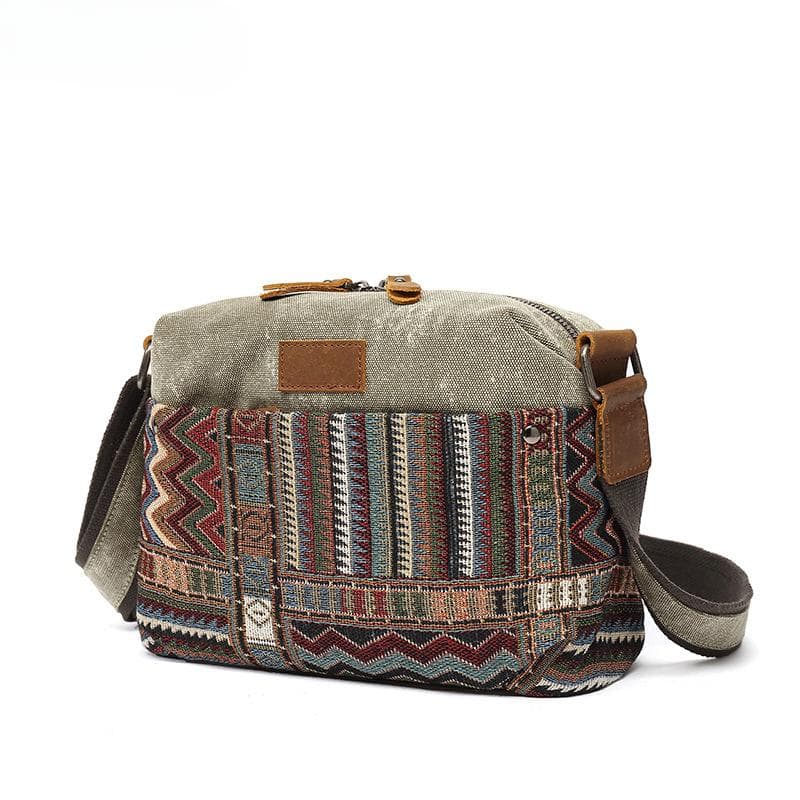 Skew Bag Women's Canvas Ethnic Style with Crazy Horse Leather Shoulder Bag Slant Bag