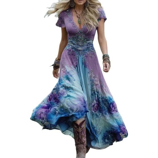 Women's Floral Print Maxi Dress Short Sleeve V Neck Swing Dress Boho Flowy A-Line Dress Casual Prom Party Wedding Guest Dress S purple