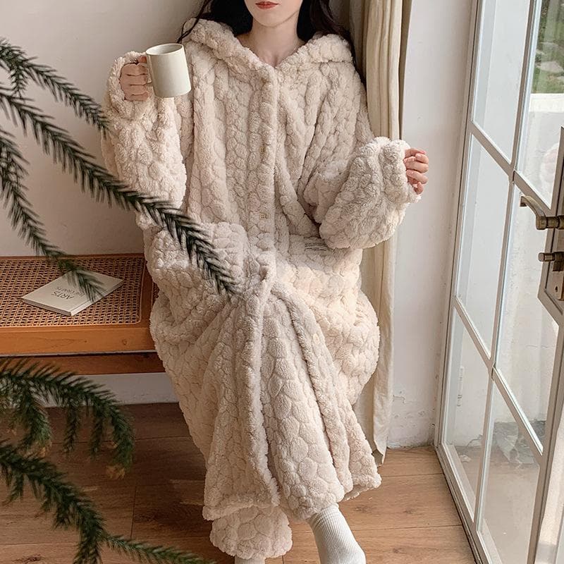 Winter Women's Pajama Set Hooded Roebs Solid Long Sleeve Warm Ladieds Sleepwear 2 Pcs with Pant Fleece Thick Homewear Female 2XL