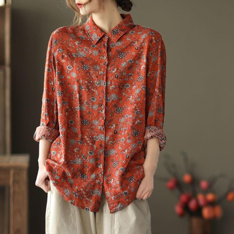 Spring Autumn Vintage Art Floral Long Sleeved Pure Cotton Shirt for Women's Casual Versatile Loose Cotton Hemp Top XL orange