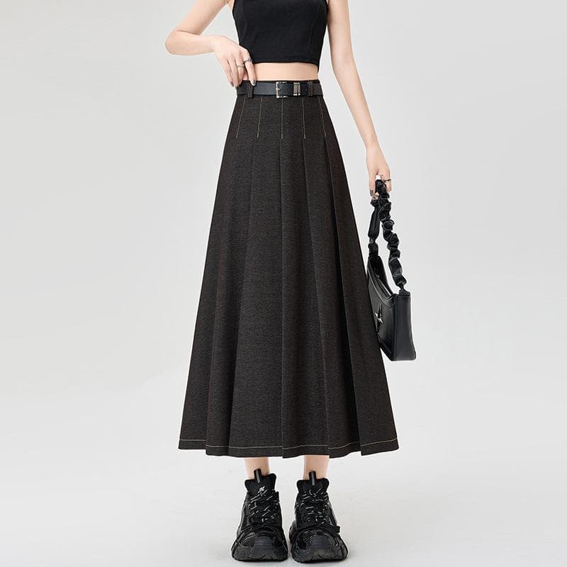 Tennis Denim Pleated Skirt for Women In Spring, High Waist, Slim and Drooping, Versatile Casual A-line Large Sway Mid-length Skirt L black