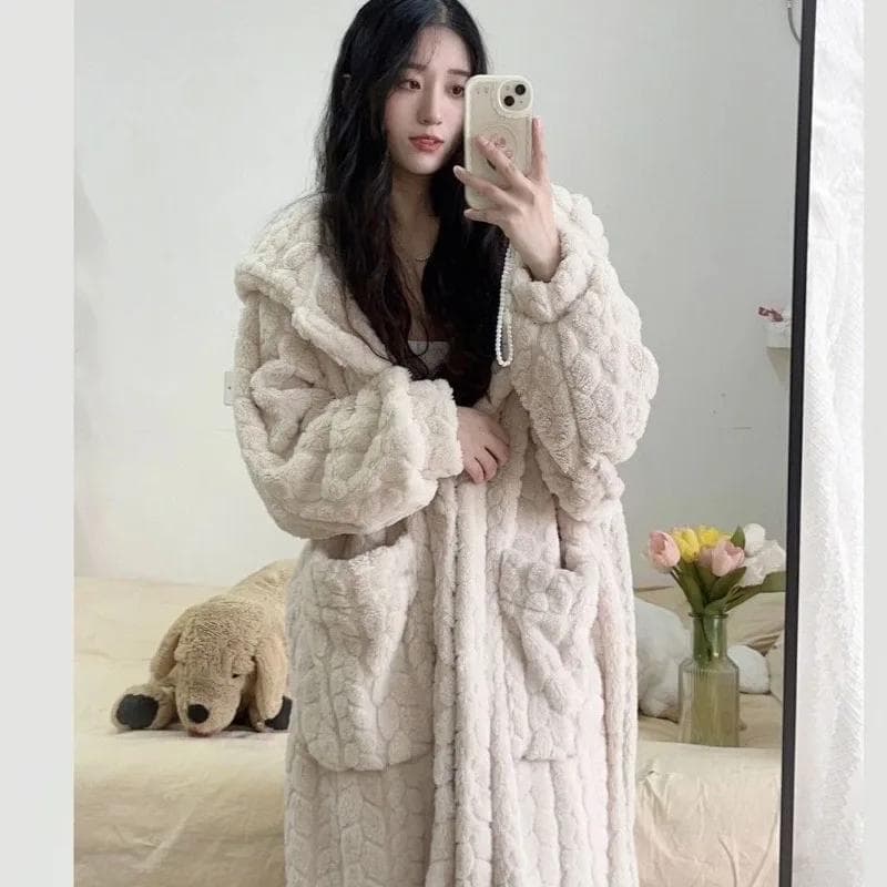 Pocket Robe for Women Sleepwear Winter Nightdress Night Wears Warm Fleece Pajama One Piece Nightgown Hooded Sleeping Homewear XL