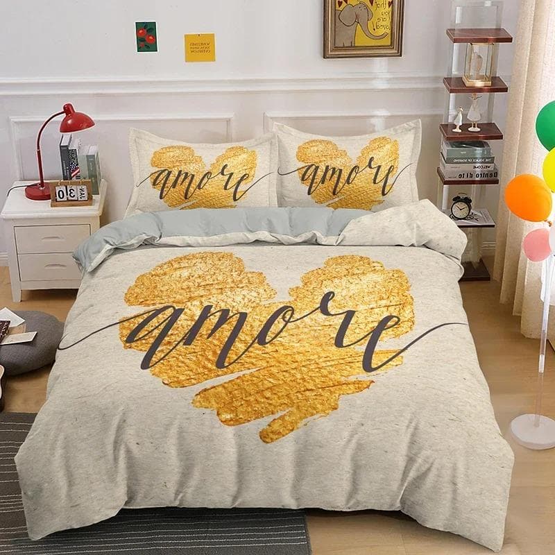 3D Love Heart King Queen Duvet Cover Valentines Gift Bedding Set for Girls Women Couples Soft Polyester Quilt Cover Home Textile EU Single 135x200cm