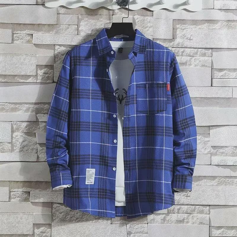 Plaid Men's Long-Sleeve Shirt - Trendy Korean Hong Kong Style M
