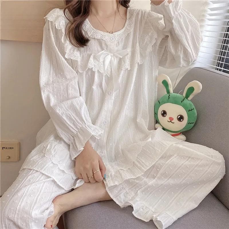Palace Style Lace Edge Cotton and Linen Pajamas Women's Long-sleeved Trousers Cardigan Home Wear L white