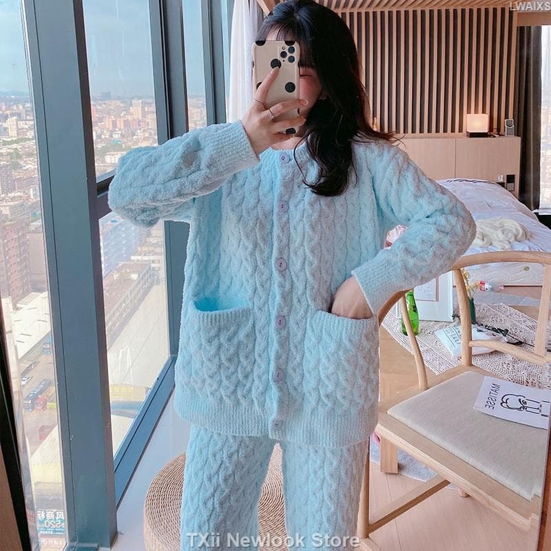 New Sweet Cute Soft Pajamas Women's Autumn and Winter Thickened Wool Knitted Macaron Solid Color Twisted Rope Home Clothes One Size