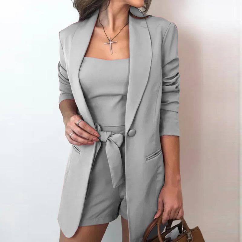 TBEEEESTT Women 3 Pieces Set Tracksuit Loose Blazer & Bow Elastic Waist Short Pant Vest Suits Spring Summer Female Suit Blazer Sets XL grey