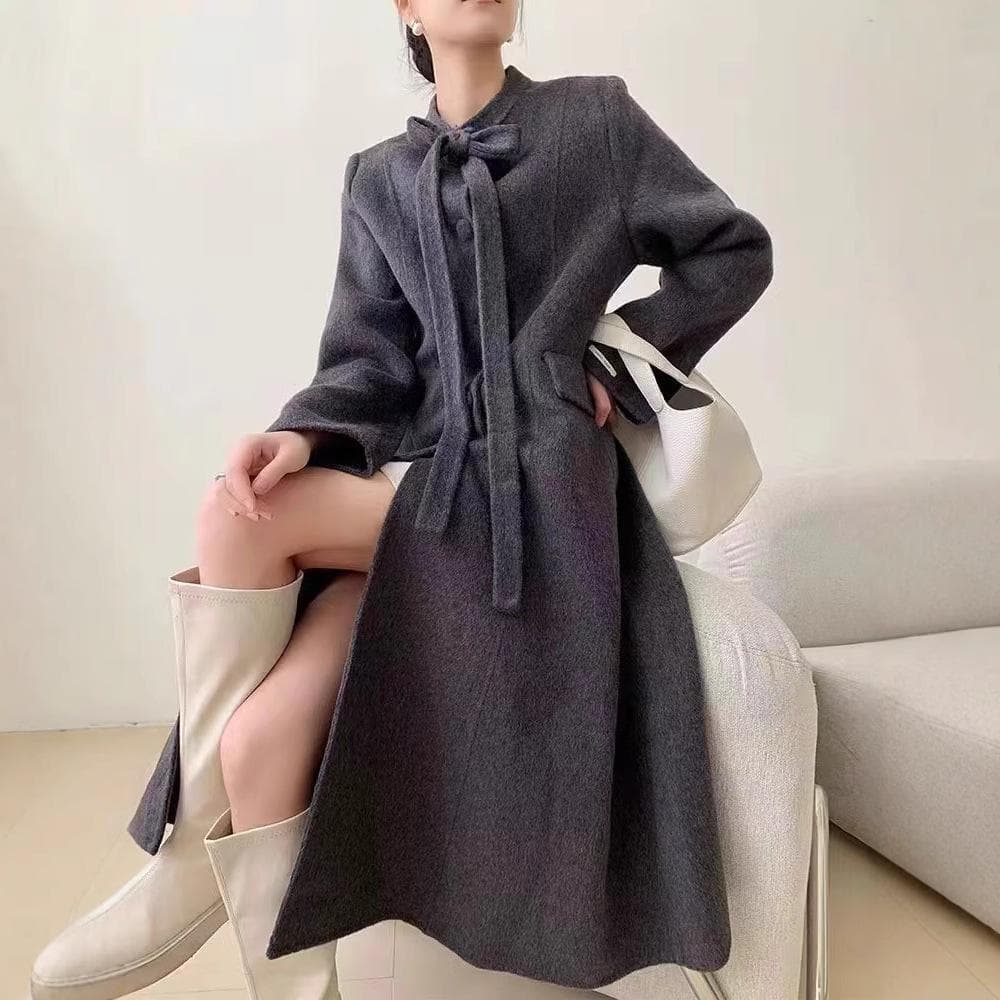 Autumn and Winter New Bow Double-sided Cashmere Coat Women's Medium and Long Coat M