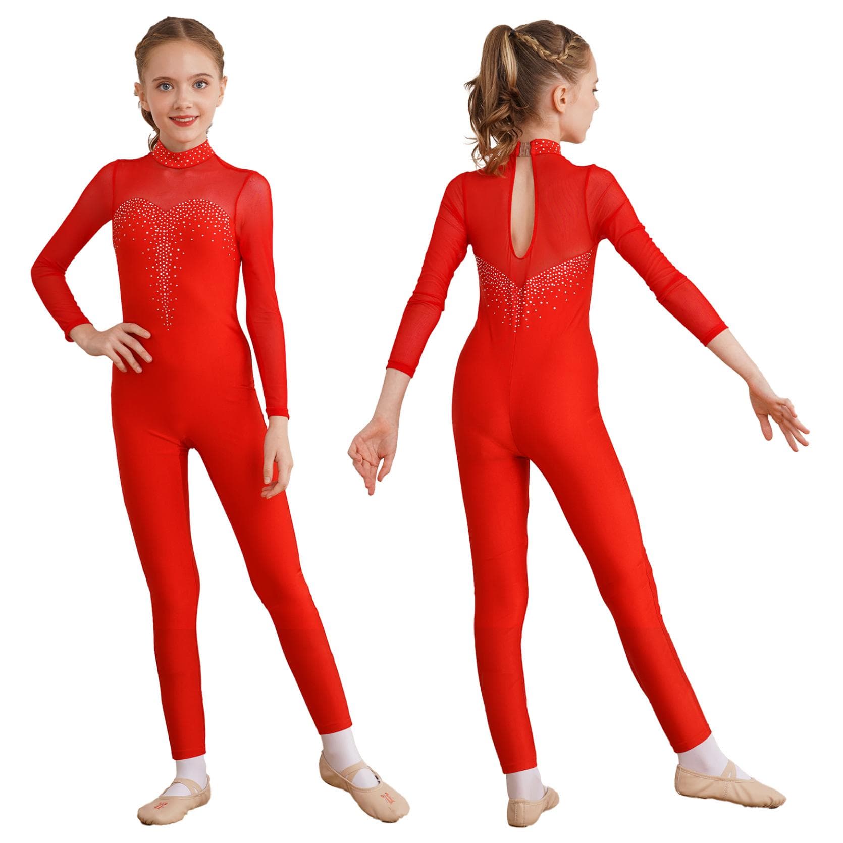 Kids Girls Figure Skating Unitard Shiny Rhinestone Jumpsuit Long Sleeve Bodysuit Gymnastics Dance Performance Costume 5-6 Years red