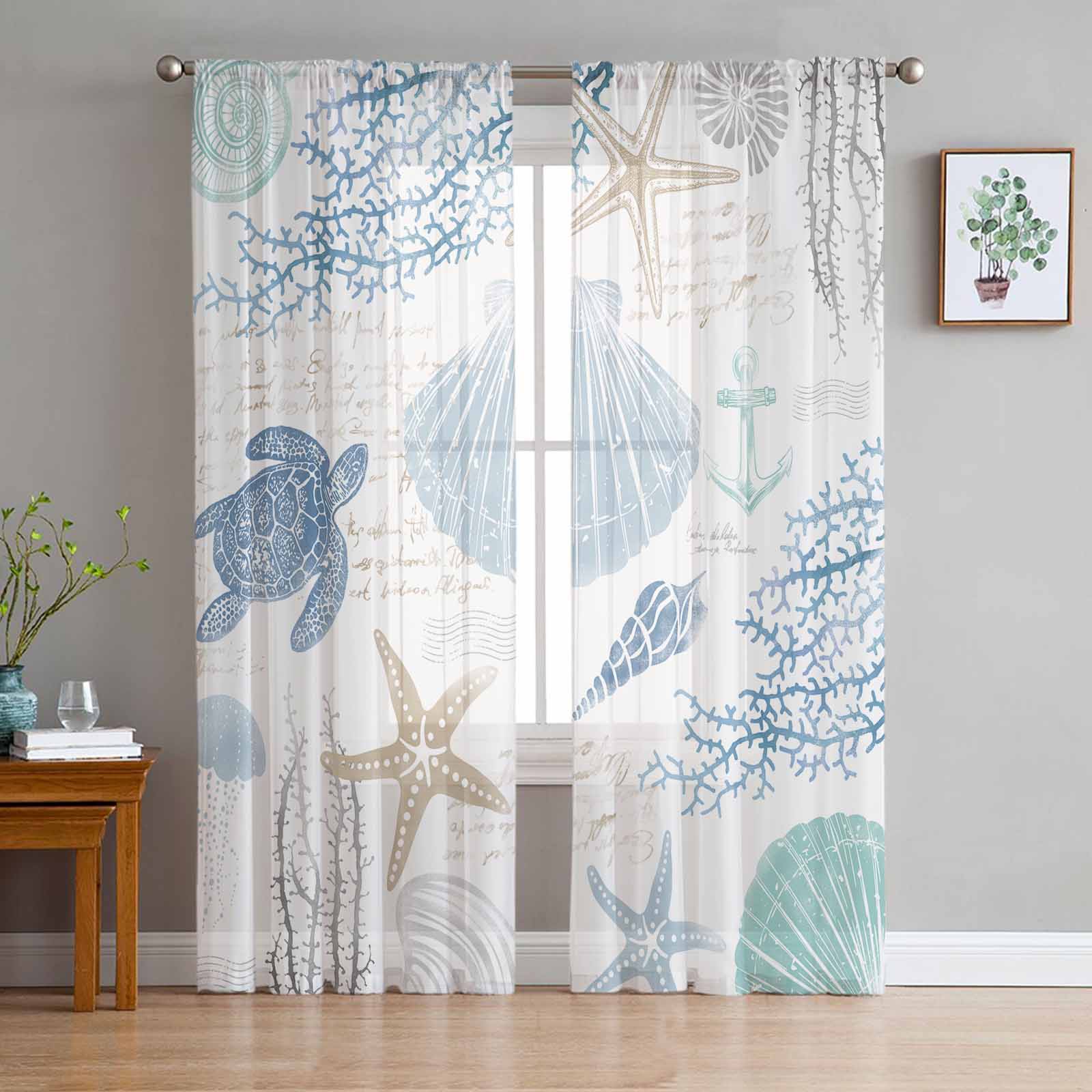 Marine Coral Shell Turtle Jellyfish Ship Rudder Blue Window Tulle Curtains Living Room Hotel Luxury Decoration Sheer Curtains 135W x 114H(cm)