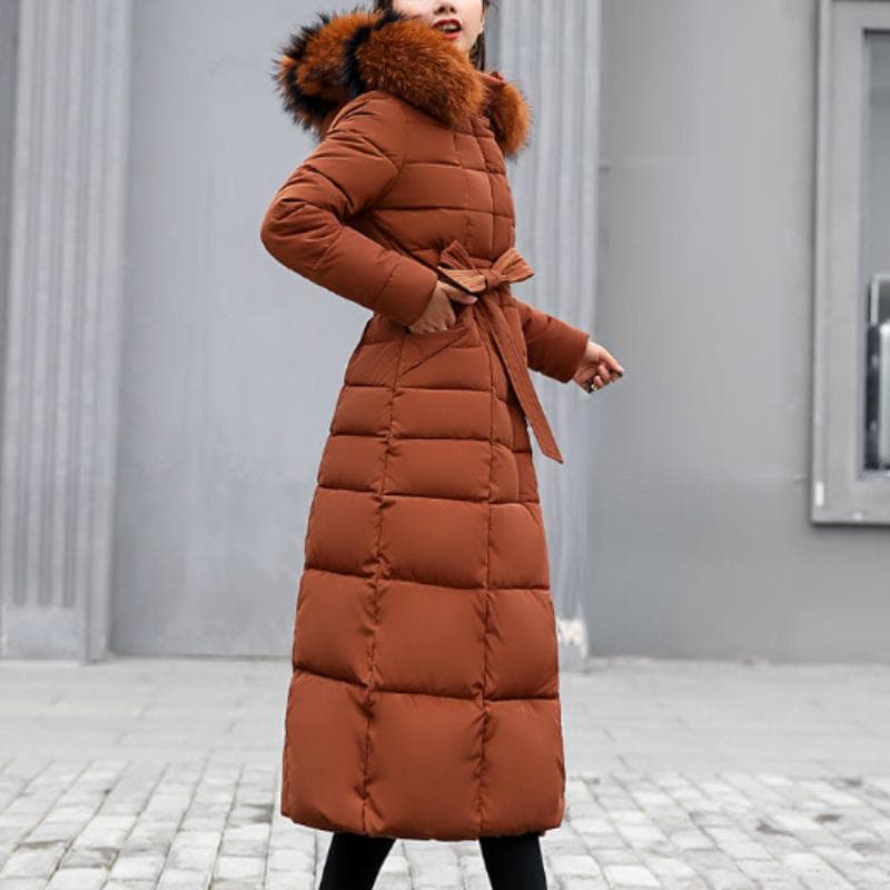 New Winter Jacket Ladies Warm Fashion Bow Belt Collar Long Dress Ladies Thick Coat L orange